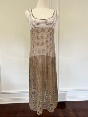 Tommy Bahama Crochet Knit Maxi Dress + Slip Ivory Taupe Resort Coastal Sz M